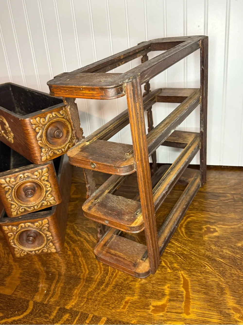 Antique Sewing Machine Drawer Cabinet: Carved Wooden Display Boxes, Ornate
